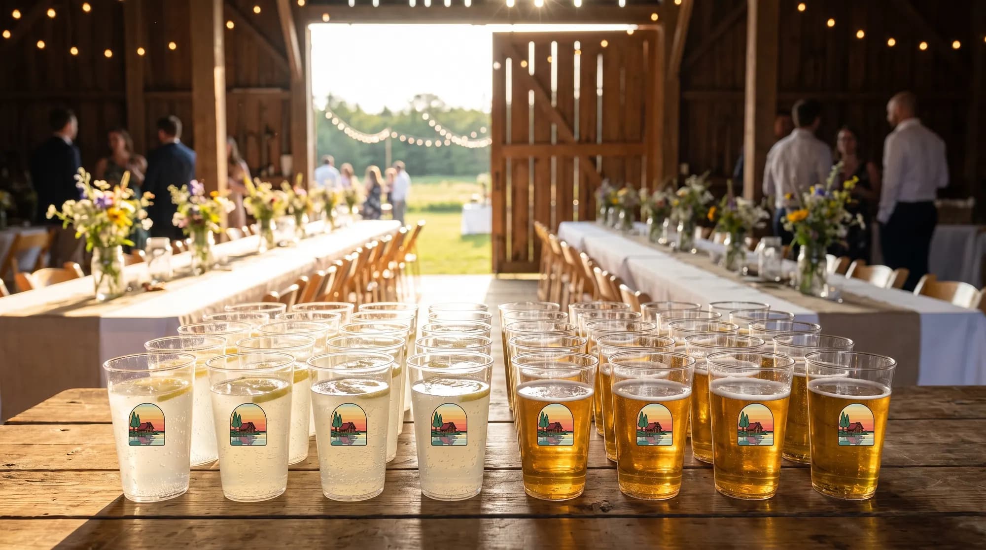 Verres transparents imprimés alignés pour l'accueil d'un mariage dans une grange