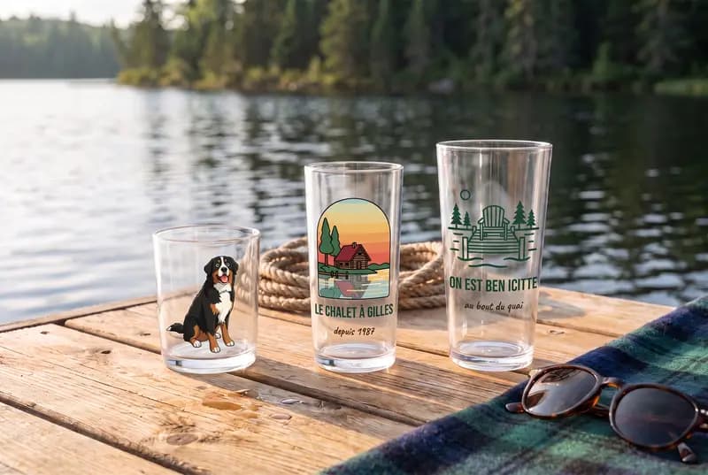 Trois verres imprimés posés sur un quai au bord du lac : un chien, « Le chalet à Gilles » et « On est ben icitte »